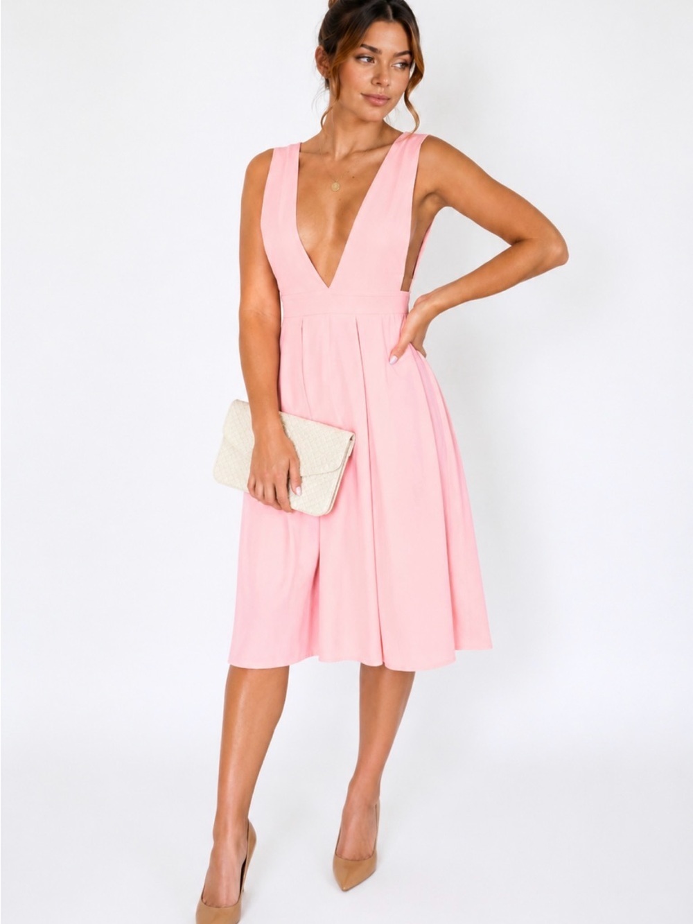 Pink Deep V-Neck Midi Dress Wedding Guest Cocktail Dress